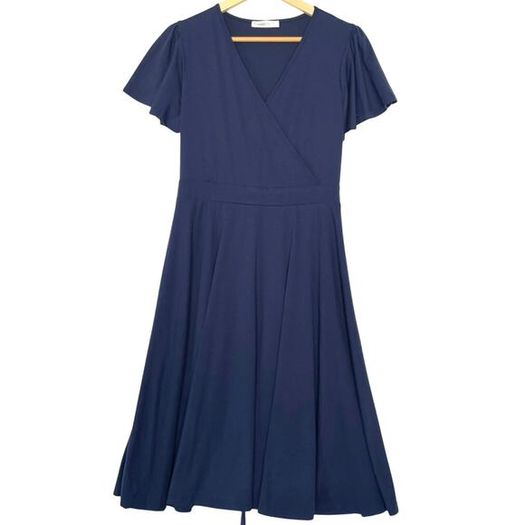 Nemidor Faux Wrap a-line Jersey Dress Swingy Drapey Knee Length Navy Size 14 - Picture 1 of 7